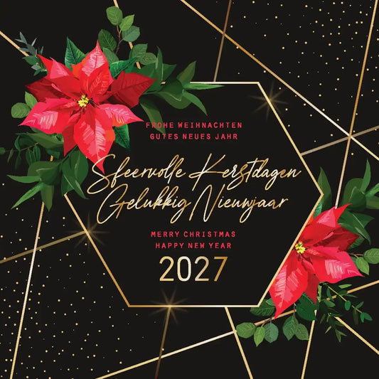  Kerstkaart 2027 klassieke stijl Kerstroos en sterretjes op zwart