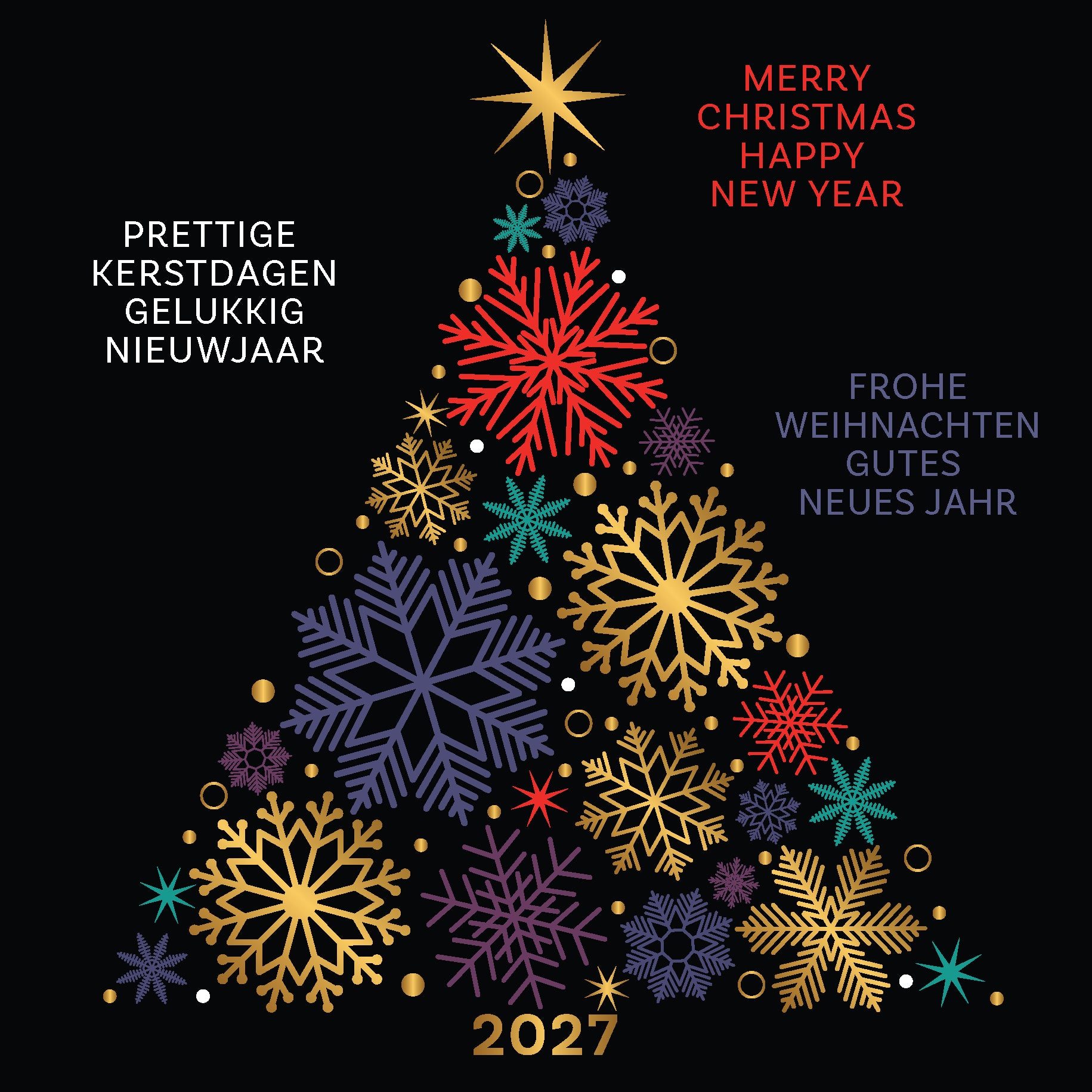 Luxe kerstkaarten 2027 met schitterende kleurrijke kerstboom van sneeuwvlokken, goud folie druk