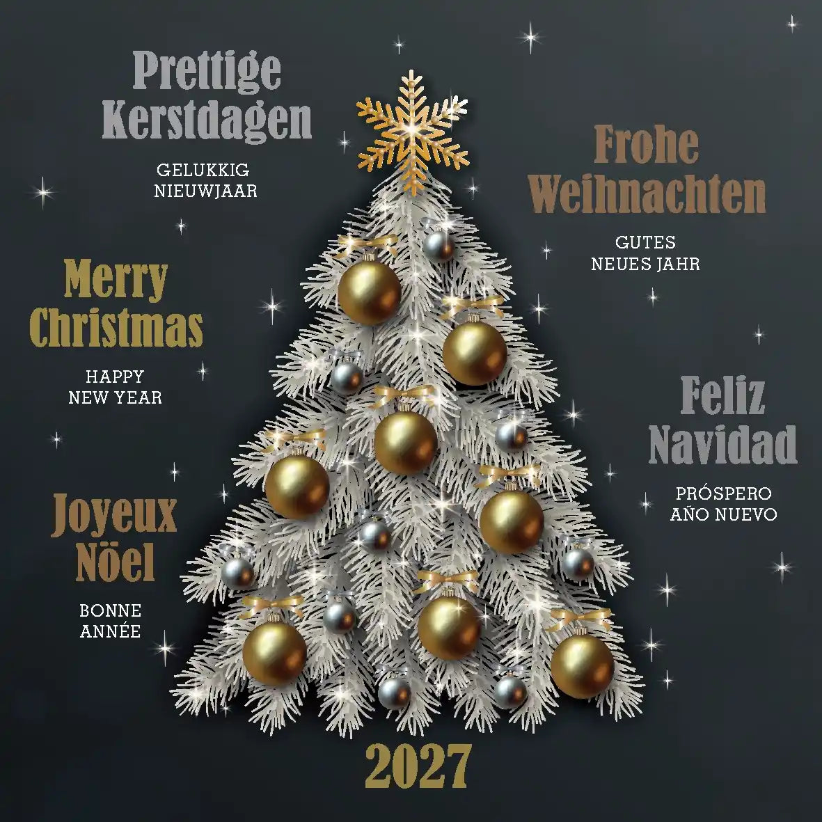 Kerstkaart 2027 schitterende kerstboom in aarde tinten, internationaal