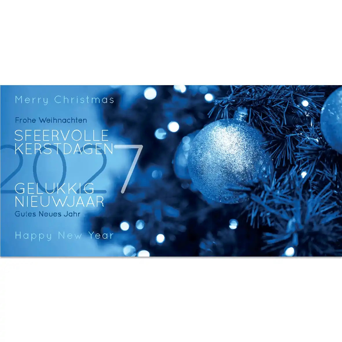 Kerstkaart 2027 sfeervolle kerstlichtjes in allerlei blauw tinten