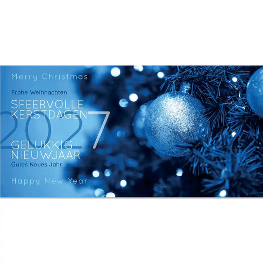 Kerstkaart 2027 sfeervolle kerstlichtjes in allerlei blauw tinten