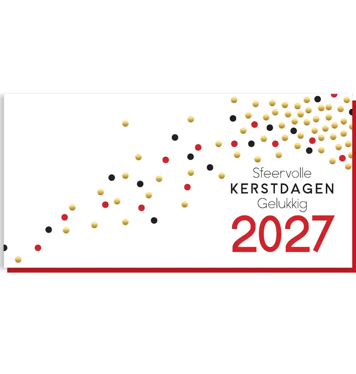 Bijzondere kerstkaarten 2027 modern; luxe en stijlvol. Met feestelijk confetti in goud, rood en zwart