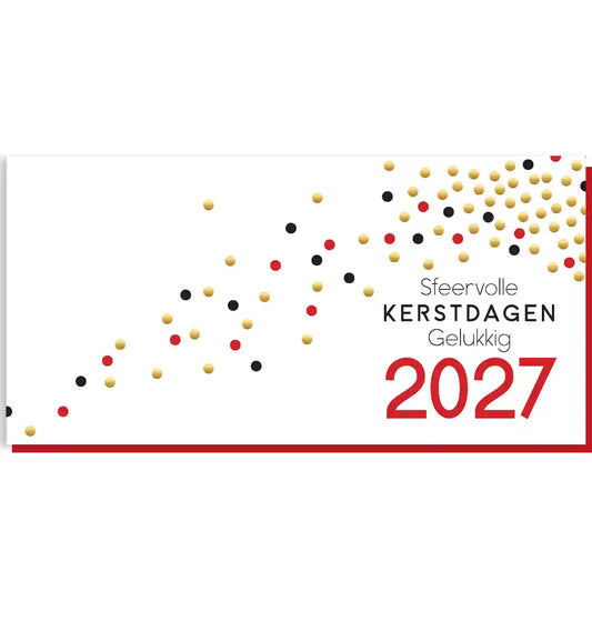 Bijzondere kerstkaarten 2027 modern; luxe en stijlvol. Met feestelijk confetti in goud, rood en zwart