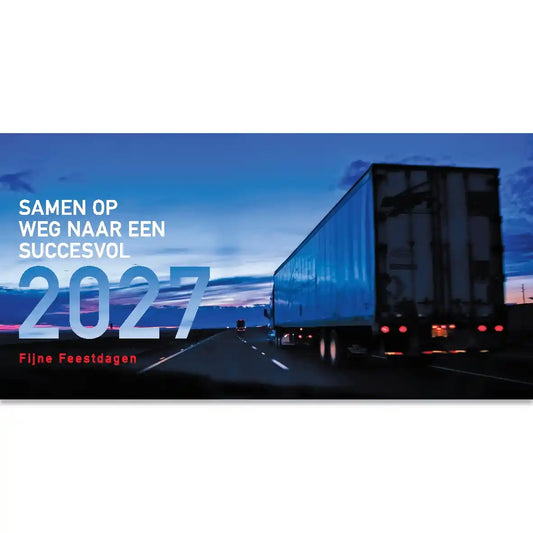 Nieuwjaarskaart 2027 transportbedrijf, vrachtwagen onderweg