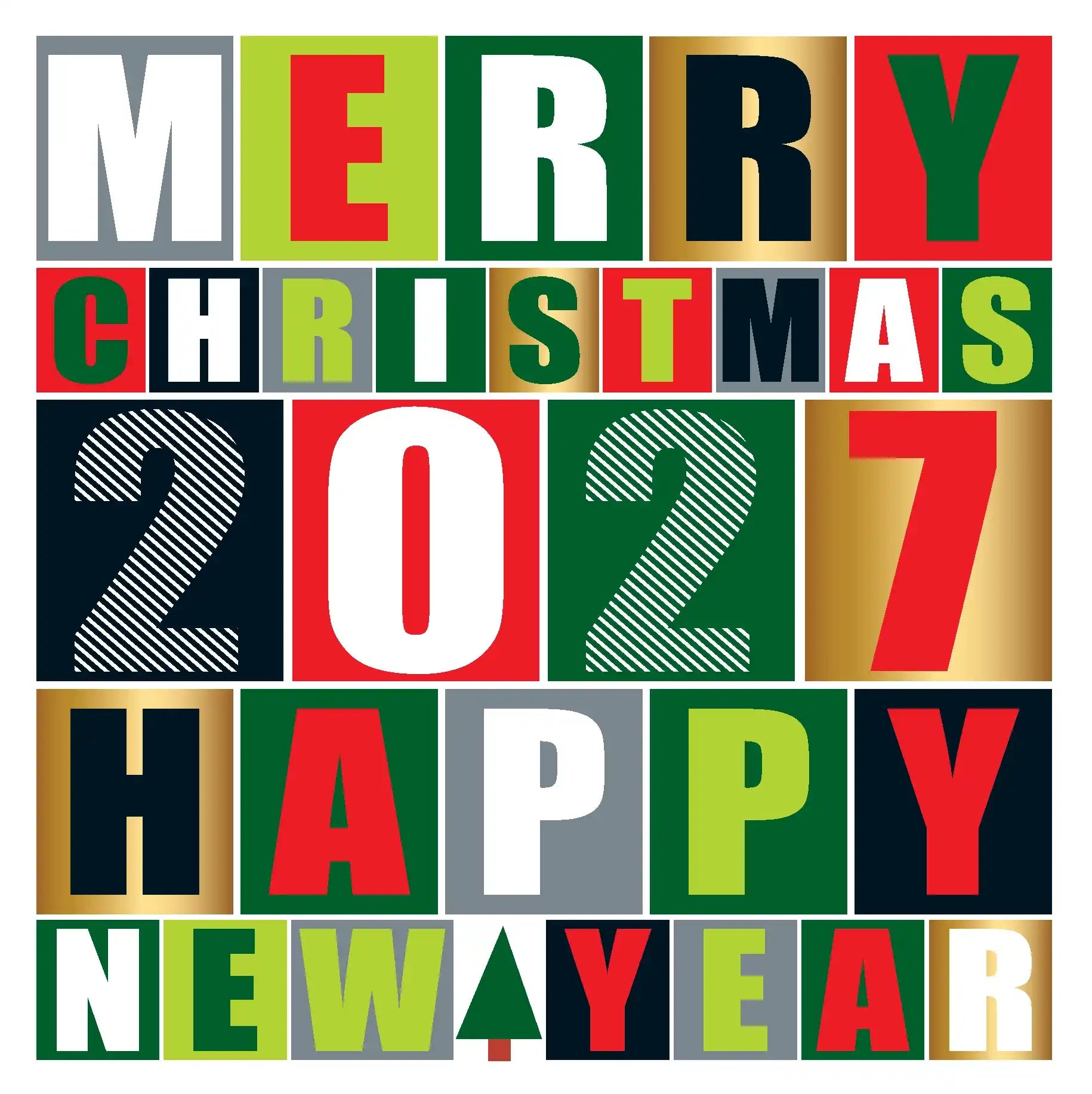 kerstkaart 2027 teksten merry christmas en happy new year in vrolijke kleuren