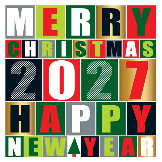 kerstkaart 2027 teksten merry christmas en happy new year in vrolijke kleuren