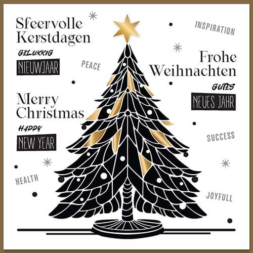 Kerstkaart tekening kerstboom in zwart wit en goud. Internationale kerstwensen