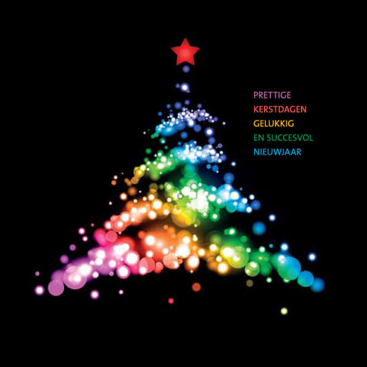 Kerstkaart regenboog kleuren kerstboom op zwart