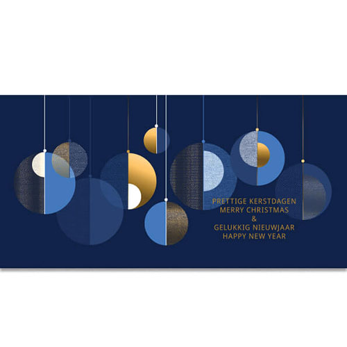 kerstkaart kerstballen goud en donkerblauw, engels