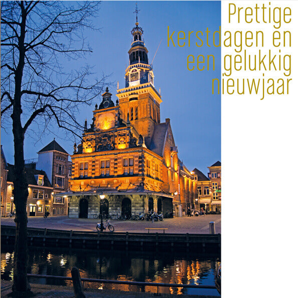 Sfeervolle kerstkaart met de Alkmaarse Waag.