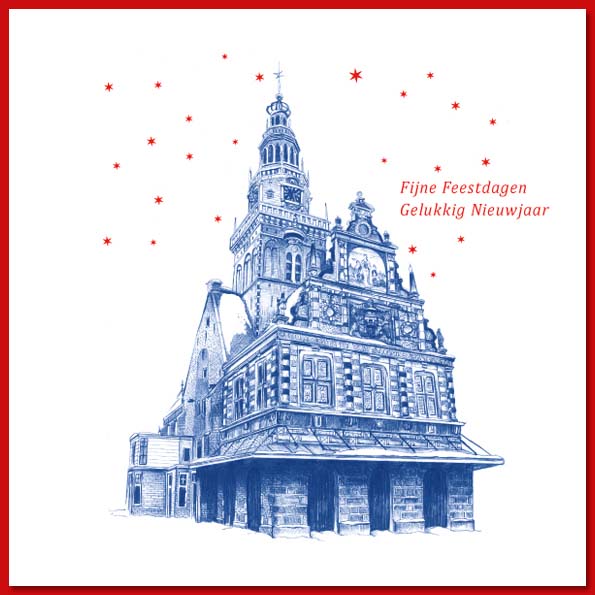Kerstkaart Alkmaar met tekening van Waag gebouw