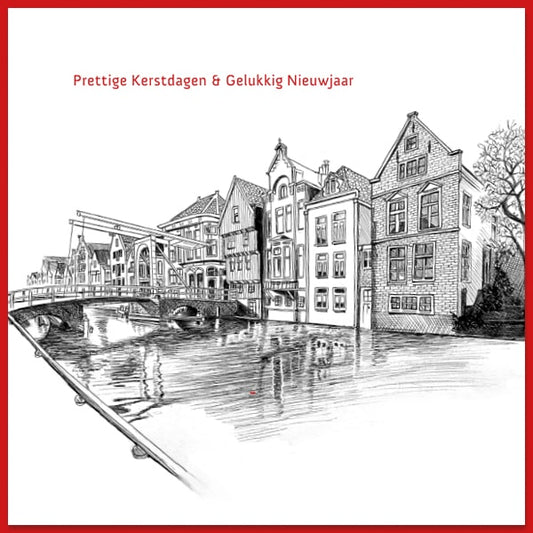 Kerstkaart Alkmaar, tekening zicht op Appelsteegbrug