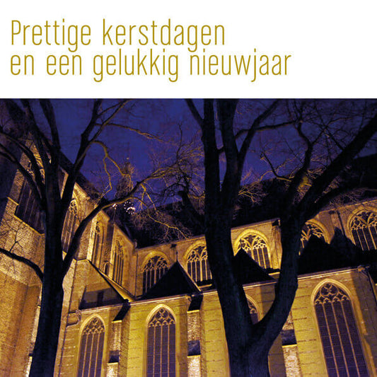 Kerstkaart van AlKmaarse Laurenskerk uitgelicht.