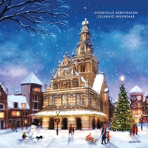 kerstkaart Alkmaar met tekening sfeervol verlichte Waag in de winter