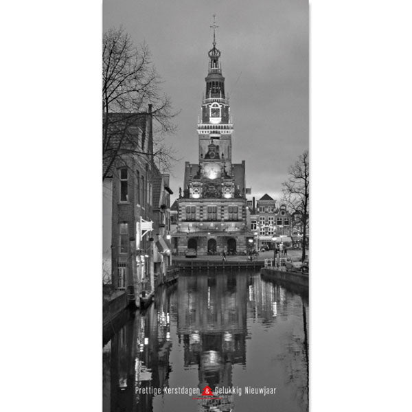 kerstkaart Alkmaar met Waag , zwart/wit foto