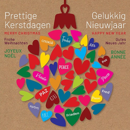 Kerstkaart Stichting ALS. kleurrijk brandende kerst lichtjes