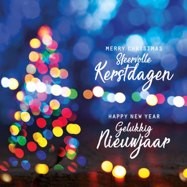 kerstkaart met goed doel Alzheimer Nederland, sfeervolle kerstboom uit kleurrijke lichtjes.