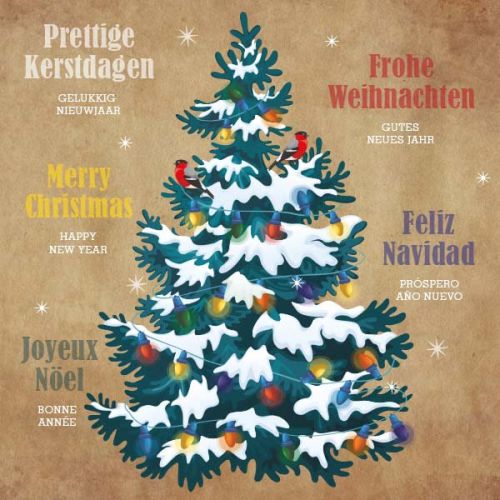 Kerstkaart Alzheimer Nederland sfeervolle kerstboom met lichtjes en sneeuw