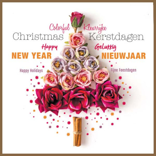 kerstkaart Alzheimer Nederland met bloemen kerstboom.