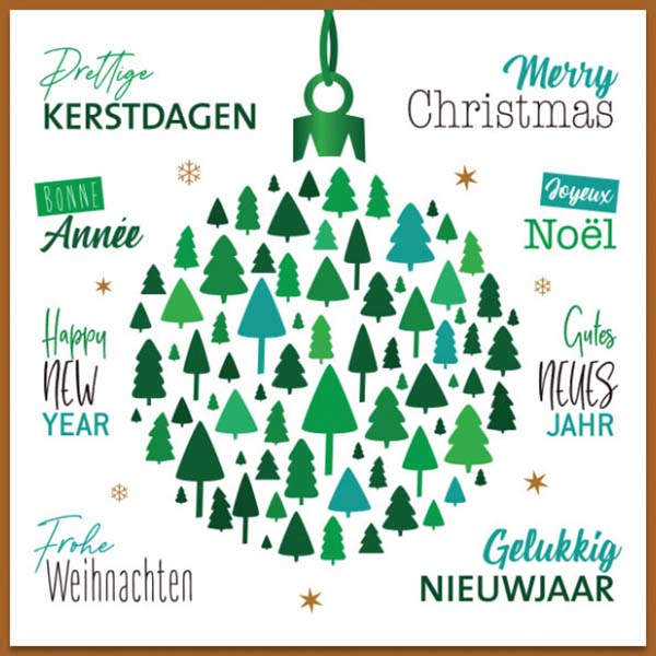 Kerstkaart Alzheimer Nederland, kerstbal van Dennebomen in groen.
