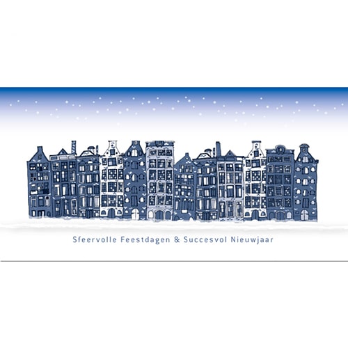 Kerstkaart Amsterdam grachtenpanden in blauw