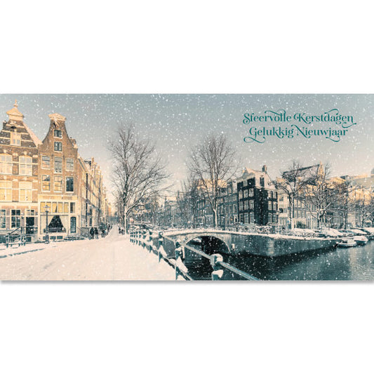kerstkaart Amsterdam sfeervol besneeuwde gracht in winter