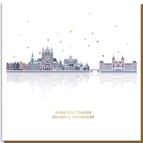 Kerstkaarten Amsterdam skyline met gouden sterretjes