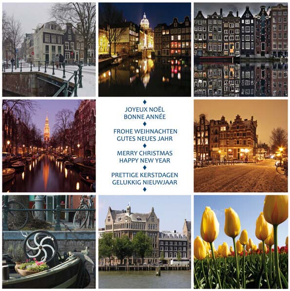 Kerstkaart Amsterdam in beeld, meerdere talen.