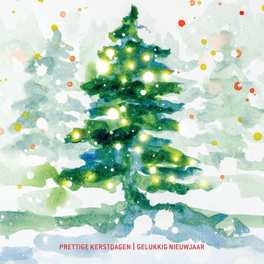 kerstkaart kunst aquarel van kerstboom en kerstwens in roodfolie.
