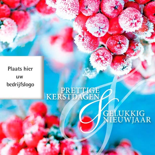 Zakelijke kerstkaart Besneeuwde besjes en bedrijfslogo zichtbaar op voorzijde.