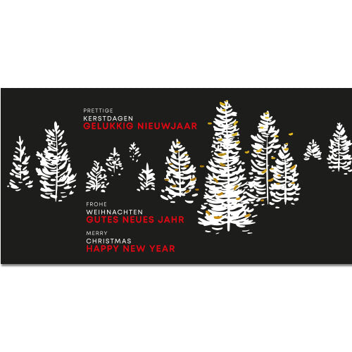 Zakelijke Kerstkaart bomen in de nacht met sneeuw in zwart wit, rood en goud