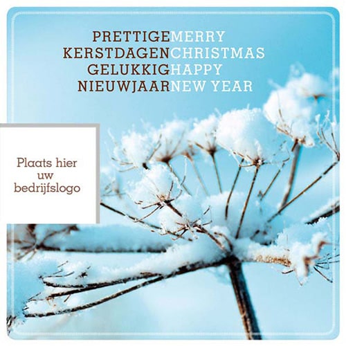 kerstkaart met bedrijfslogo op de voorkant, besneeuwde tak.