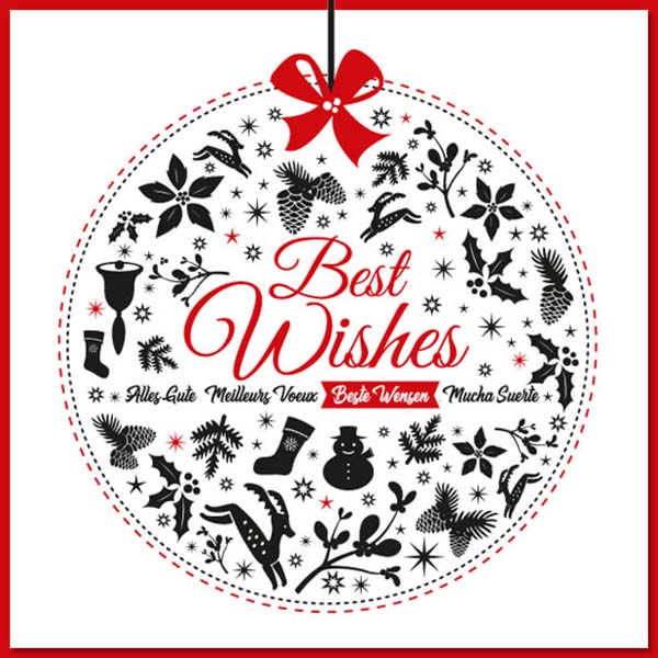 Kerstkaart met kerst illustratie in zwart, rood en tekst Best Wishes.