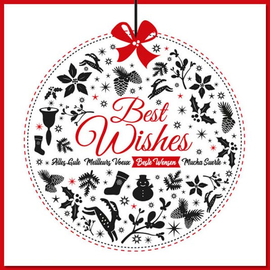 Kerstkaart met kerst illustratie in zwart, rood en tekst Best Wishes.