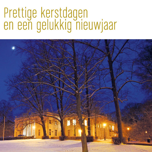 Kerstkaart met gemeentehuis van Bloemendaal in de sneeuw.