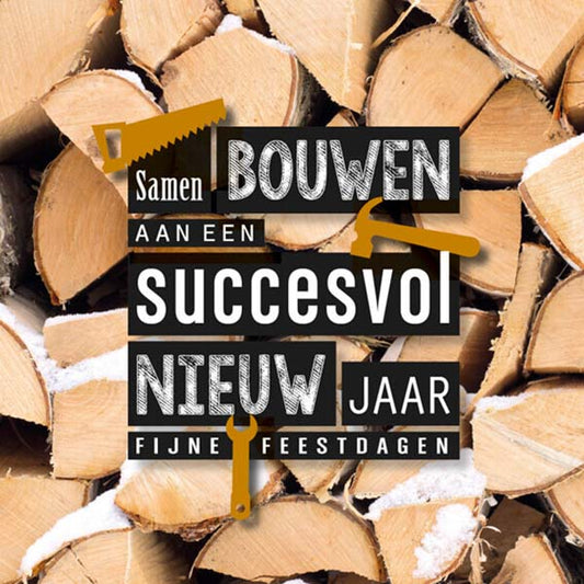 kerstkaart Bouw, gereedschap en hout