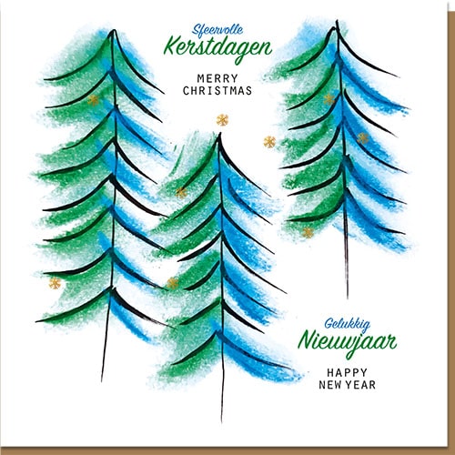 Kerstkaart Dennenbomen in blauw groen met gouden vlokjes