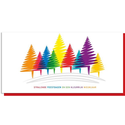 Kerstkaart getekende kerstbomen in felle kleuren
