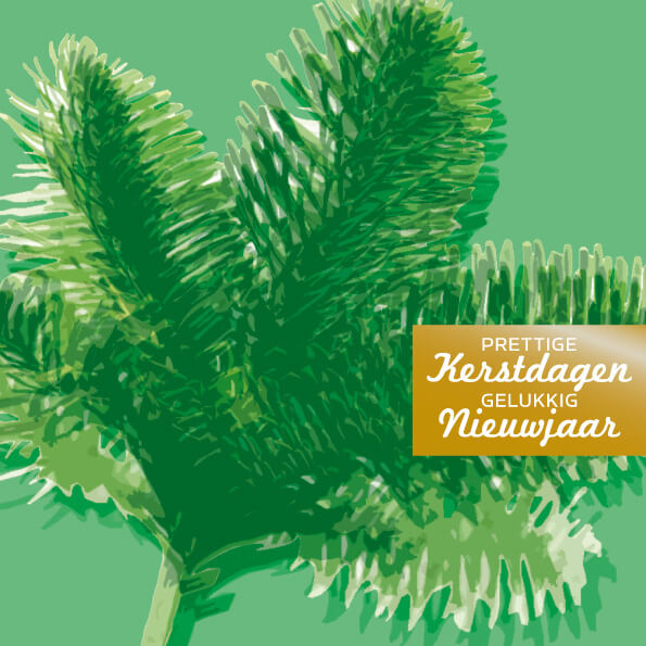 Kerstkaart met groene dennentak en goudfolie
