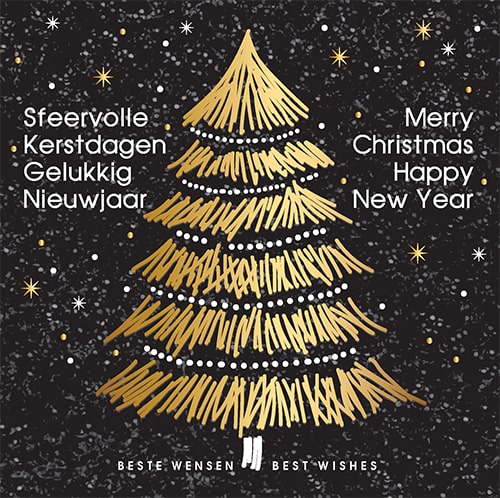 Kerstkaart getekende kerstboom in goud met zwarte sterrennacht