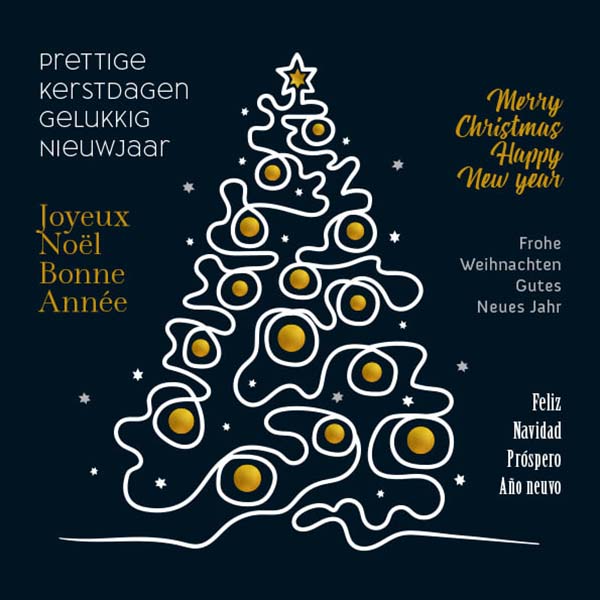 kerstkaart in goud, wit en zwart met kerstboom, Internationaal