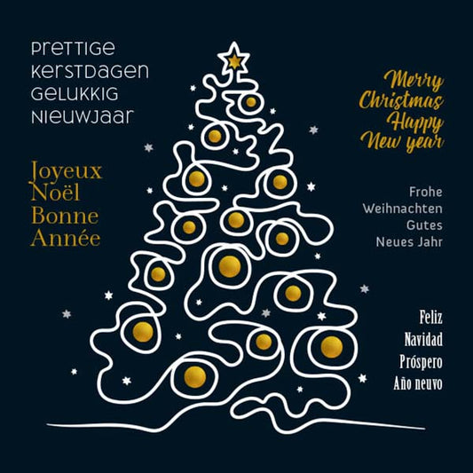 kerstkaart in goud, wit en zwart met kerstboom, Internationaal