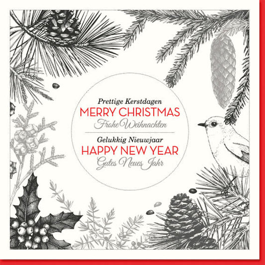 Kerstkaart met pentekeningen kersttakken en vogeltje 