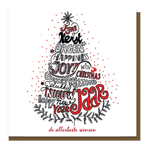 Goede doelen kerstkaart MAW, getekende kerstboom opgebouwd uit teksten. Kaart in rood, zwart en wit