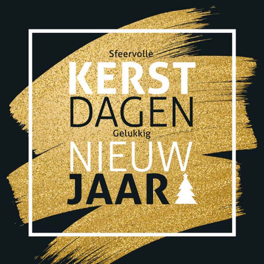 Kerstkaart in zwart, goud en wit