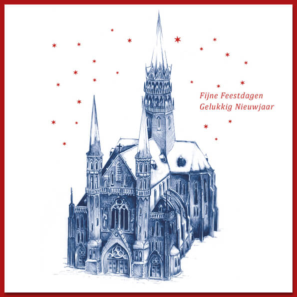 Kerstkaart Gouda met handgemaakte tekening Gouwekerk