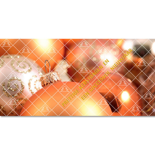 kerstkaart met goud oranje kerstballen en gouden tekst