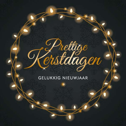 Kerstkaart met sfeervolle kerstlichtjes.