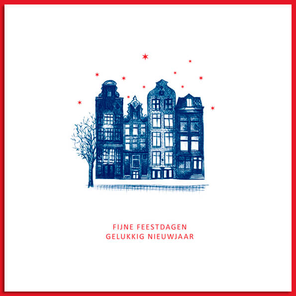 Bijzondere kerstkaart Amsterdam met tekening van grachtenpanden in blauw.
