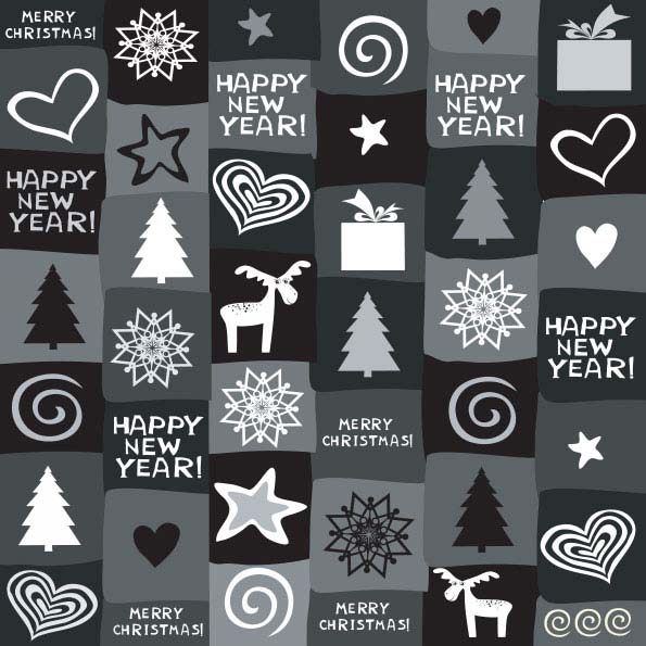 Kerstkaart met grappige kerstillustraties in zwart en grijstinten.